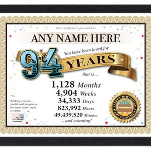 Certificado PERSONALIZADO de 94º aniversário - Digital, impresso ou emoldurado - Presente personalizado exclusivo Love Years - Cartão Diploma