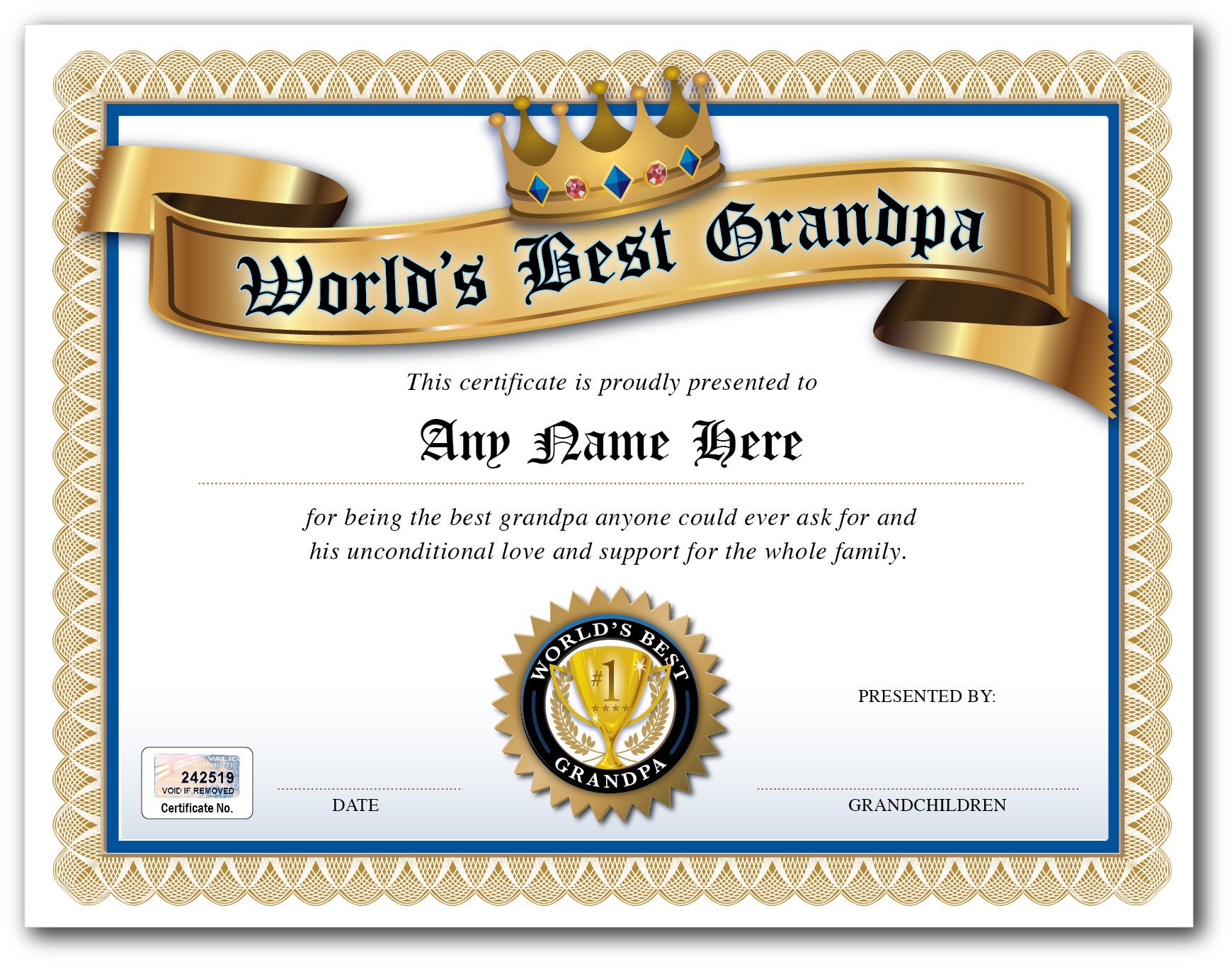 Personalized Best Grandpa in the World Award Certificate Etsy