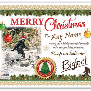 Personalisiertes Weihnachts BIGFOOT Zertifikat - Digital ODER gedruckt - Merry Custom Sasquatch Hunter Tracker - TOLLE Geschenkkarte Weihnachtsgeschenk