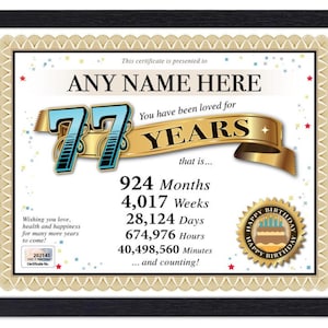 Certificado PERSONALIZADO de 77º aniversário de feliz aniversário - Digital, impresso ou emoldurado - Presente personalizado exclusivo Love Years - Cartão Diploma