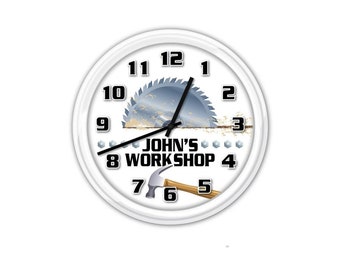 Workshop PERSONALIZED Wall Clock - Woodworking Carpenter Tools Garage Man Cave - GREAT Birthday Christmas Holiday Gift Present - Customized