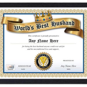 Certificado personalizado del premio al MEJOR ESPOSO del mundo: digital, impreso o enmarcado: regalo de aniversario, tarjeta de regalo de cumpleaños, diploma