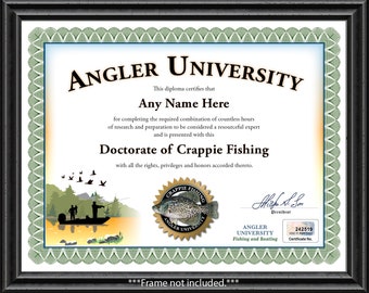 Personalized Angler University Crappie Fishing Certificate - Digital or Printed - Custom Diploma - GREAT BIRTHDAY GIFT - Christmas Present