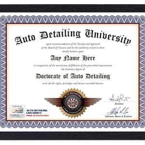 Personalisiertes AUTO DETAILING Universitäts-Zertifikat - Digital, Gedruckt oder Gerahmt - Auto-Garagen-Dekor-Diplom Geburtstags-GESCHENK Weihnachtsgeschenk