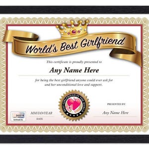 Certificado de premio a la mejor NOVIA del mundo personalizado: digital, impreso o enmarcado: REGALO DE ANIVERSARIO Tarjeta de regalo de cumpleaños de Navidad n.° 1