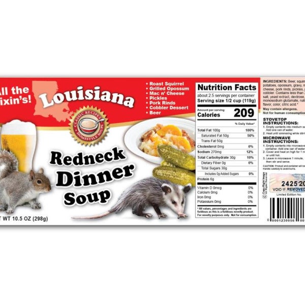 2 Drôle Louisiana Redneck Dîner Soupe Can Étiquettes - GRAND Gag Cadeau Noël Cadeau Anniversaire Fête Blague Farce - Country State - Haute Qualité