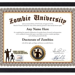 Personalisiertes Zombie-Hochschulzertifikat - digital, gedruckt oder gerahmt - Apocalypse Survival - GEBURTSTAGSGESCHENK Weihnachtsgeschenk - Individuell