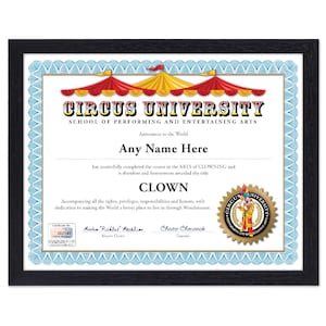 PERSONALIZED Circus University Certificate - Digital, Printed, or Framed - Clown Magician School Magic Joke Diploma Birthday Gift Christmas