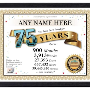 Certificado PERSONALIZADO de 75.° CUMPLEAÑOS: digital, impreso o enmarcado. Regalo personalizado único de Love Years: tarjeta con diploma