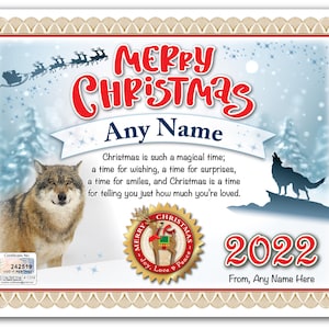 CERTIFICADO DE LOBO DE NAVIDAD PERSONALIZADO - Digital O Impreso - Wolves Animal Lover - Great Stocking Stuffer Regalo Personalizado Regalo Niños