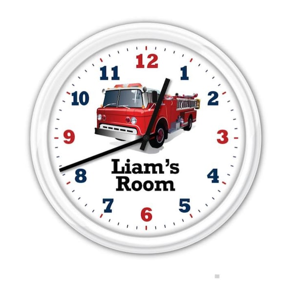 Fire Truck PERSONALIZED Wall Clock - Fireman Firefighter Red Boys Bedroom Theme - GREAT Birthday Christmas Holiday Gift Present - Customized