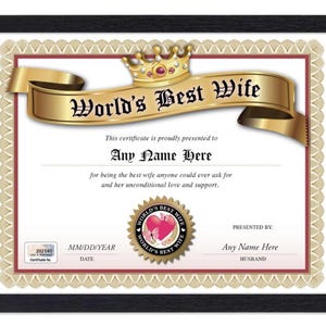 CERTIFICADO PERSONALIZADO del premio a la Mejor ESPOSA del Mundo - Digital, Impreso o Enmarcado - Regalo de Aniversario, Navidad, Cumpleaños, Presente, Diploma