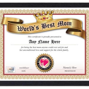 PERSONALIZED World's Best MOM Award Urkunde - Digital, Gedruckt, oder Gerahmt - Geburtstagsgeschenk, Muttertag, Weihnachtsgeschenk - Diploma #1