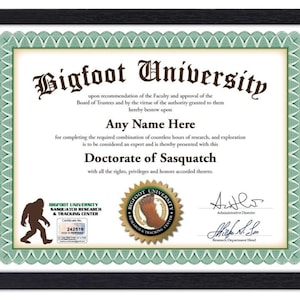 Personalisierte BIGFOOT Universität Urkunde - Digital, Gedruckt oder Gerahmt - Benutzerdefinierte Sasquatch Hunter Tracker - GEBURTSTAGSGESCHENK Weihnachtsgeschenk