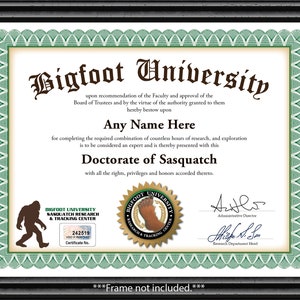 Personalized Bigfoot University Certificate - Digital or Printed - Custom Sasquatch Hunter Tracker - GREAT BIRTHDAY GIFT - Christmas Present