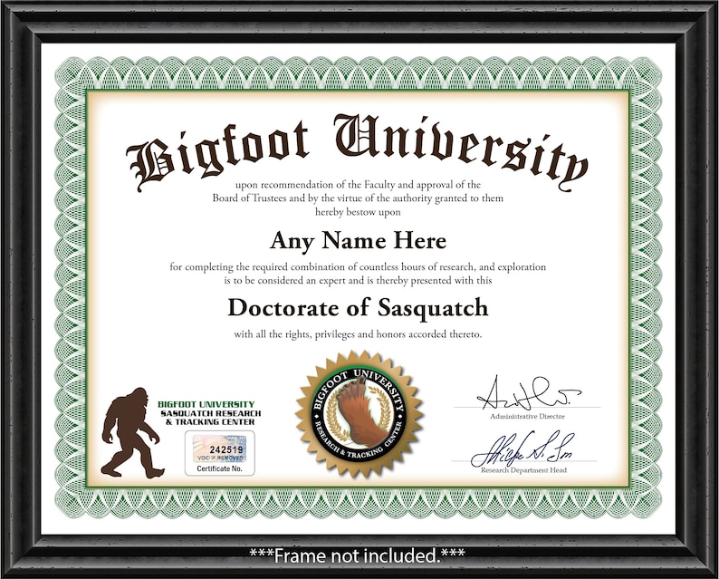 Personalized Bigfoot University Certificate Digital or Printed Custom Sasquatch Hunter Tracker GREAT BIRTHDAY GIFT Christmas Present image 1