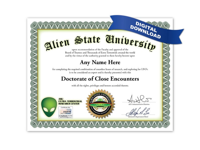 Personalized ALIEN University Certificate: Digital Download - Doctorate ...