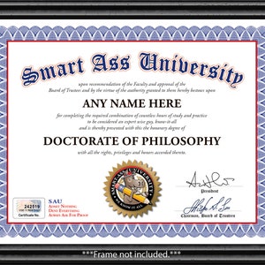 Smart Ass University Philosophy Certificate - Digital or Printed - Funny Gag Joke Diploma - GREAT GIFT Office Birthday Christmas Present