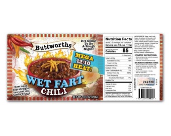 2 Funny Wet Fart Chili Soup Can Labels- Gag Gift GREAT Stocking Stuffers Secret Santa Birthday Present Party Joke Prank - Hot Spicy