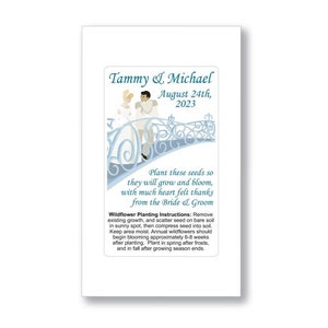 50 PERSONALIZED Cinderella Wedding Seed Packets - BRIDAL FAVORS - Fairy Tale Blue Whimsical Party Supplies Mementos Shower Gift Wildflower
