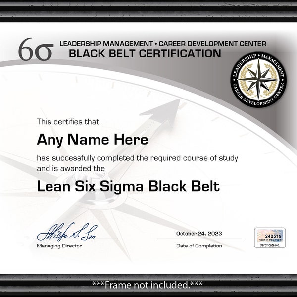 PERSONALIZED Lean Six Sigma BLACK Belt Training Course Certificate - Diploma Office Decor Customized Leadership Career Development Manager