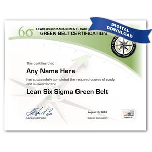 PERSONALIZED Lean Six Sigma GREEN Belt Certificate: Digital Download - Diploma Customized Development
