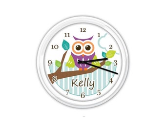 Owl PERSONALIZED Wall Clock - Bedroom Room Nursery Kids Girls Theme Room Bedroom Decor - GREAT Birthday Christmas Holiday Gift - Cute Custom