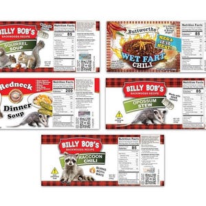 5 Pack Funny REDNECK Farts Soup Can LABELS - Gag Gift GREAT Stocking Stuffers - Present Party Joke Prank - Hillbilly Raccoon Squirrel
