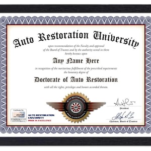 Personalisiertes AUTO RESTORATION Universitäts-Zertifikat - Digital, Gedruckt oder Gerahmt - Restaurations-Garagen-Dekor-Diplom Geburtstags-GESCHENK Weihnachten