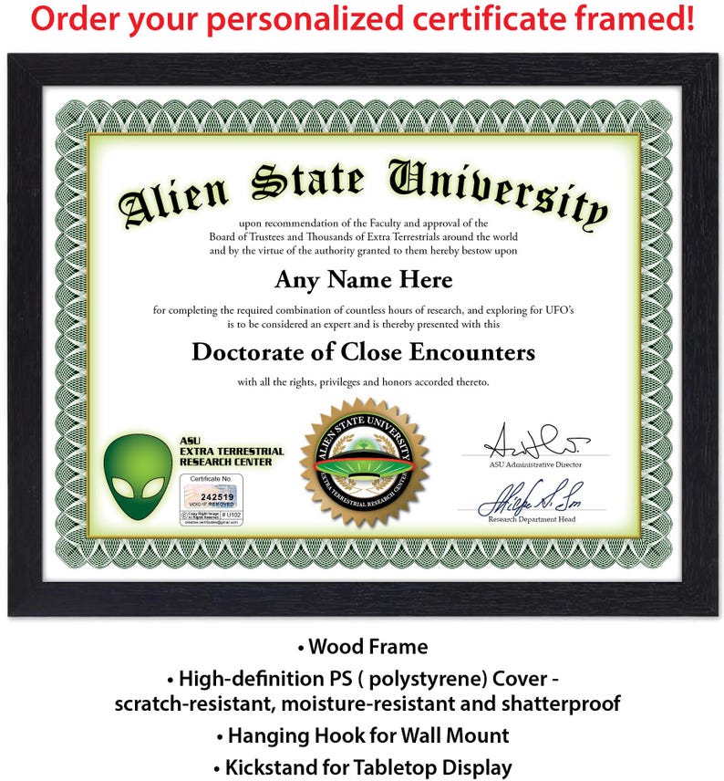 Personalized ALIEN University Certificate - Digital, Printed, or Framed ...