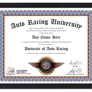 Personalisiertes AUTO RACING Universitäts-Zertifikat - Digital, Gedruckt oder Gerahmt - Rennwagen-Garage-Dekor-Diplom-Geburtstags-GESCHENK Weihnachten