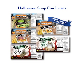 Puede incluir: Una colección de etiquetas rectangulares para latas de sopa de Halloween con temas como Goulish Gruel, Witches Brew, Eyeball Soup, Brain Soup, Rat Tails y Frog Guts. Cada etiqueta incluye información nutricional y una banda azul de descarga.
