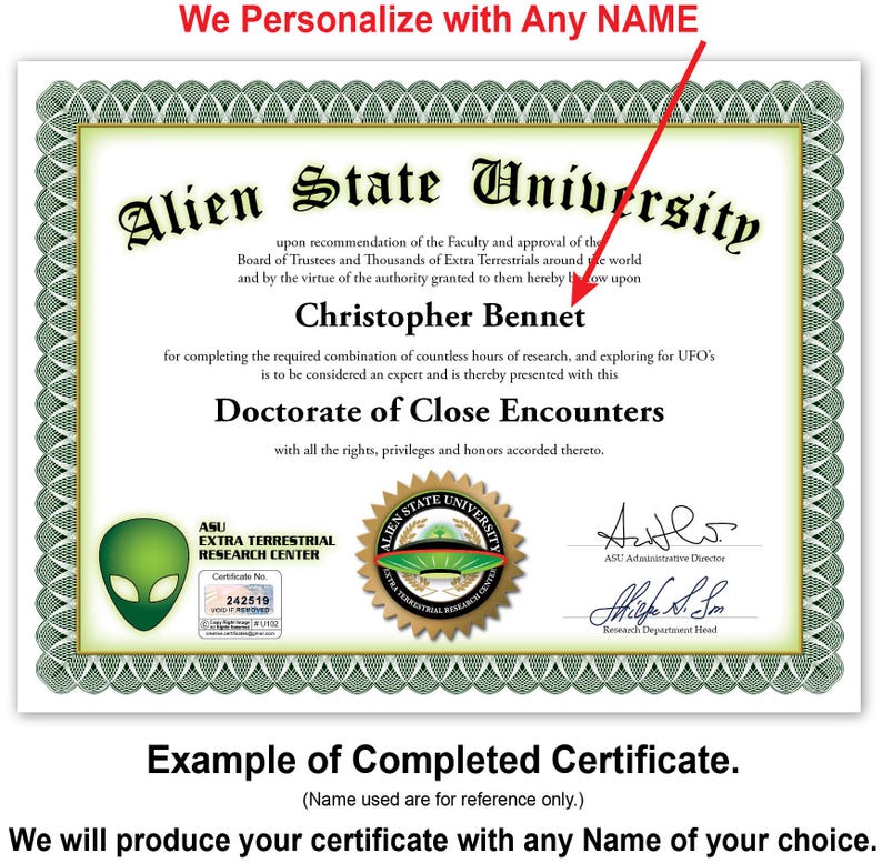 Personalized ALIEN University Certificate: Digital Download - Doctorate ...