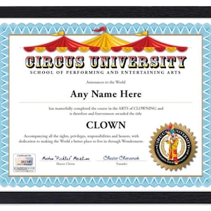 PERSONALIZED Circus University Certificate - Digital, Printed, or Framed - Clown Magician School Magic Joke Diploma Birthday Gift Christmas