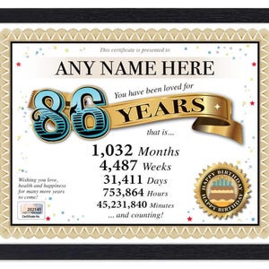 Certificado PERSONALIZADO de 86º aniversário - Digital, impresso ou emoldurado - Presente personalizado exclusivo Love Years - Cartão Diploma