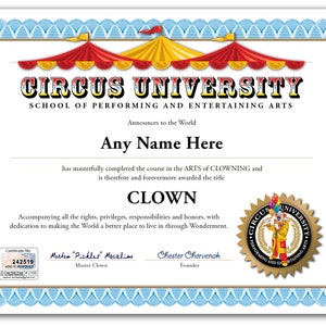 PERSONALIZED Circus University Certificate - DIGITAL or PRINTED - Clown Magician School Magic Joke - Diploma Birthday Gift Christmas Present