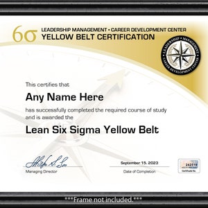 Personalisiert Lean Six Sigma YELLOW Gürtel Training Course Zertifikat - Diplom Büro Dekor Personalisiert Führung Karriereleiter