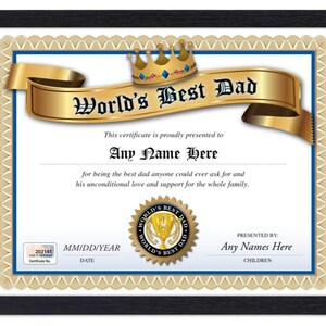 GEPERSONALISEERD Awardcertificaat ter wereld - Digitaal, gedrukt of ingelijst - Verjaardagscadeau Vaderdag Kerstcadeaukaart Diploma #1