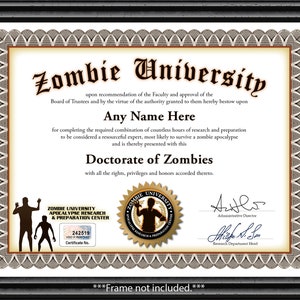 Personalized Zombie University Certificate - Digital or Printed- Apocalypse Survival- GREAT BIRTHDAY GIFT- Christmas Holiday Present- Custom