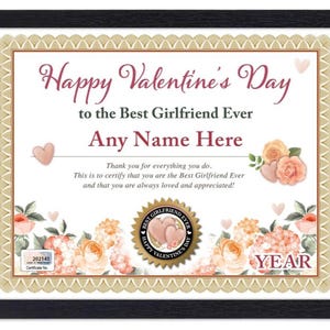 PERSONALISIERTES Valentinstag Beste Freundin Zertifikat - Digital, gedruckt oder gerahmt - GESCHENK Karte - Blumen Rosa Floral