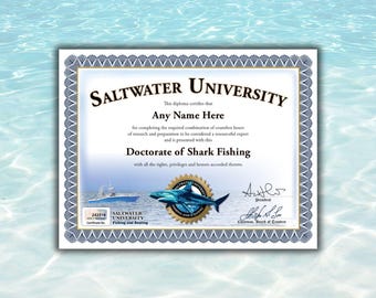 Certificado de Pesca de Tubarão Personalizado: Download Digital - Diploma Original Personalizado - Presente de Aniversário ou Natal - Decoração de Parede para Barco