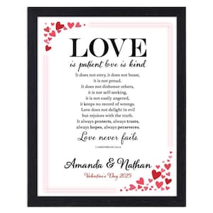 POEMA DE AMOR personalizado - Verso enmarcado - Regalo de San Valentín - Tarjeta de aniversario de boda para esposa y novia - Corintios 13:4, El amor es paciente