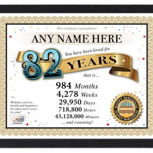 Certificado PERSONALIZADO de 82º aniversário de feliz aniversário - Digital, impresso ou emoldurado - Presente personalizado exclusivo Love Years - Cartão Diploma