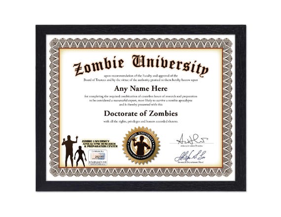 Personalized Zombie University Certificate - Digital, Printed, or
