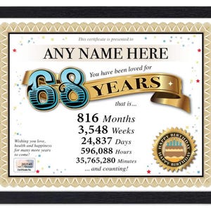 Certificado PERSONALIZADO de 68º aniversário - Digital, impresso ou emoldurado - Presente personalizado exclusivo Love Years - Cartão Diploma