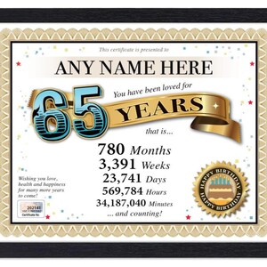Certificado PERSONALIZADO de 65º aniversário - Digital, impresso ou emoldurado - Presente personalizado exclusivo Love Years - Cartão Diploma