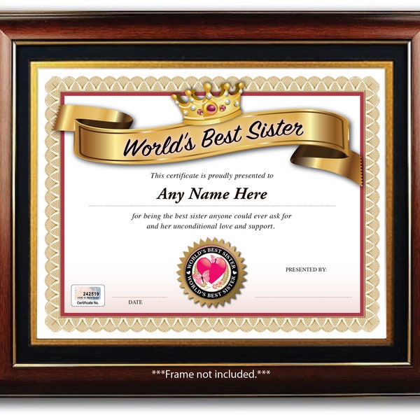 PERSONALIZED Best Sister in the World Award Certificate - DIGITAL or PRINTED - Birthday Gift, Christmas, Present, Card - Diploma - #1