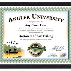 PERSONALISIERTES Barsch Fischen Universitäts-Zertifikat - Digital, Gedruckt oder Gerahmt - Rod Fischer-Camp-Diplom Geburtstagsgeschenk Weihnachtsgeschenk