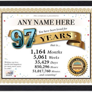 Certificado PERSONALIZADO de 97º aniversário - Digital, impresso ou emoldurado - Presente personalizado exclusivo Love Years - Cartão Diploma