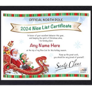 Certificato di Natale personalizzato con la lista dei buoni di Babbo Natale - digitale, stampato o incorniciato - regalo di Natale per bambini 2024 personalizzato